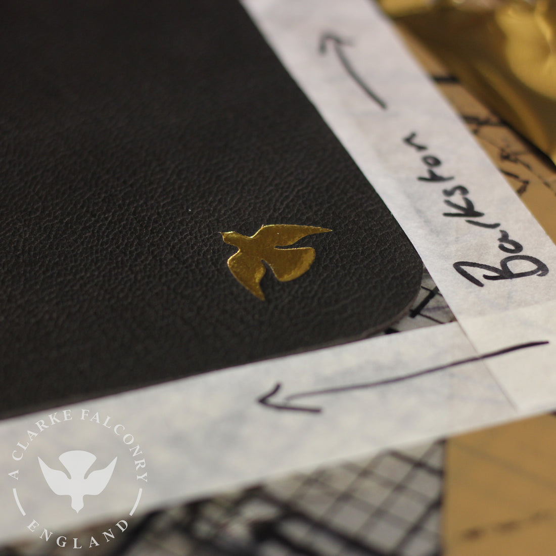 Our gold logo freshly pressed onto a Barkston glove...