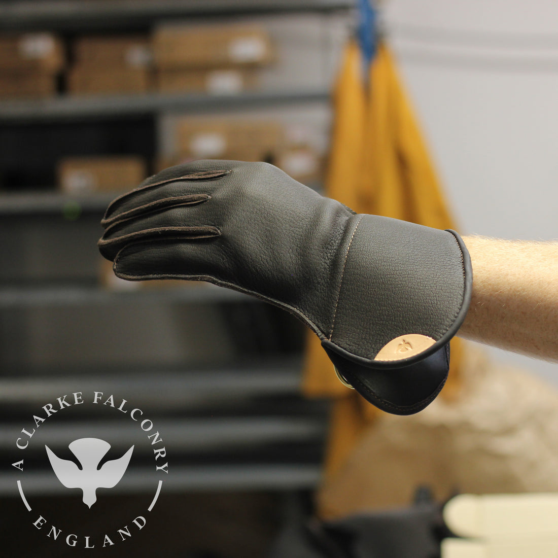 One of our short cuff single thickness gloves on the hand...