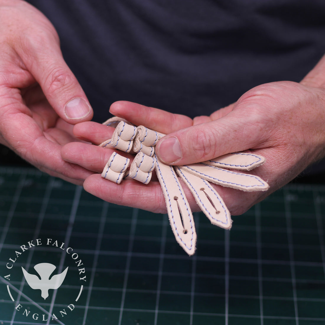 Natural mews and flying jesses with light blue stitching for a Male Goshawk...