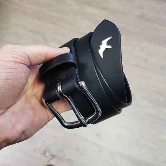 Black and stainless steel belt by A Clarke Falconry