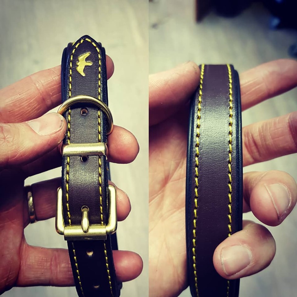 Bespoke Brown Dog Collar with Black Lining & Yellow Thread